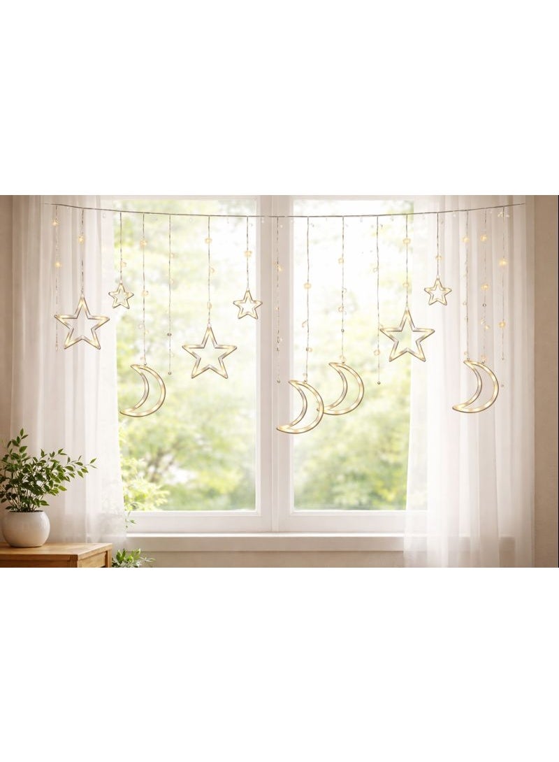 Home Care 10 Hanging Moon & Star Curtain Lights (3M), Warm LED Ramadan & Eid Decorative Plug-In String Lights with High and Low Crescent & Star Design, Color Box Packaging  Assorted design - Image 4